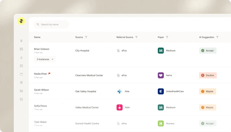 A dashboard displays a list of patient names, sources, referral sources, payers, and AI suggestions to accept, maybe, or decline, each with colored icons and buttons. A search bar appears at the top.