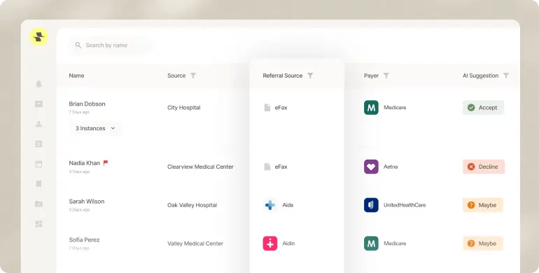 A digital dashboard displays patient names, hospitals, referral sources, and payer options with status buttons labeled Accept, Decline, and Maybe.