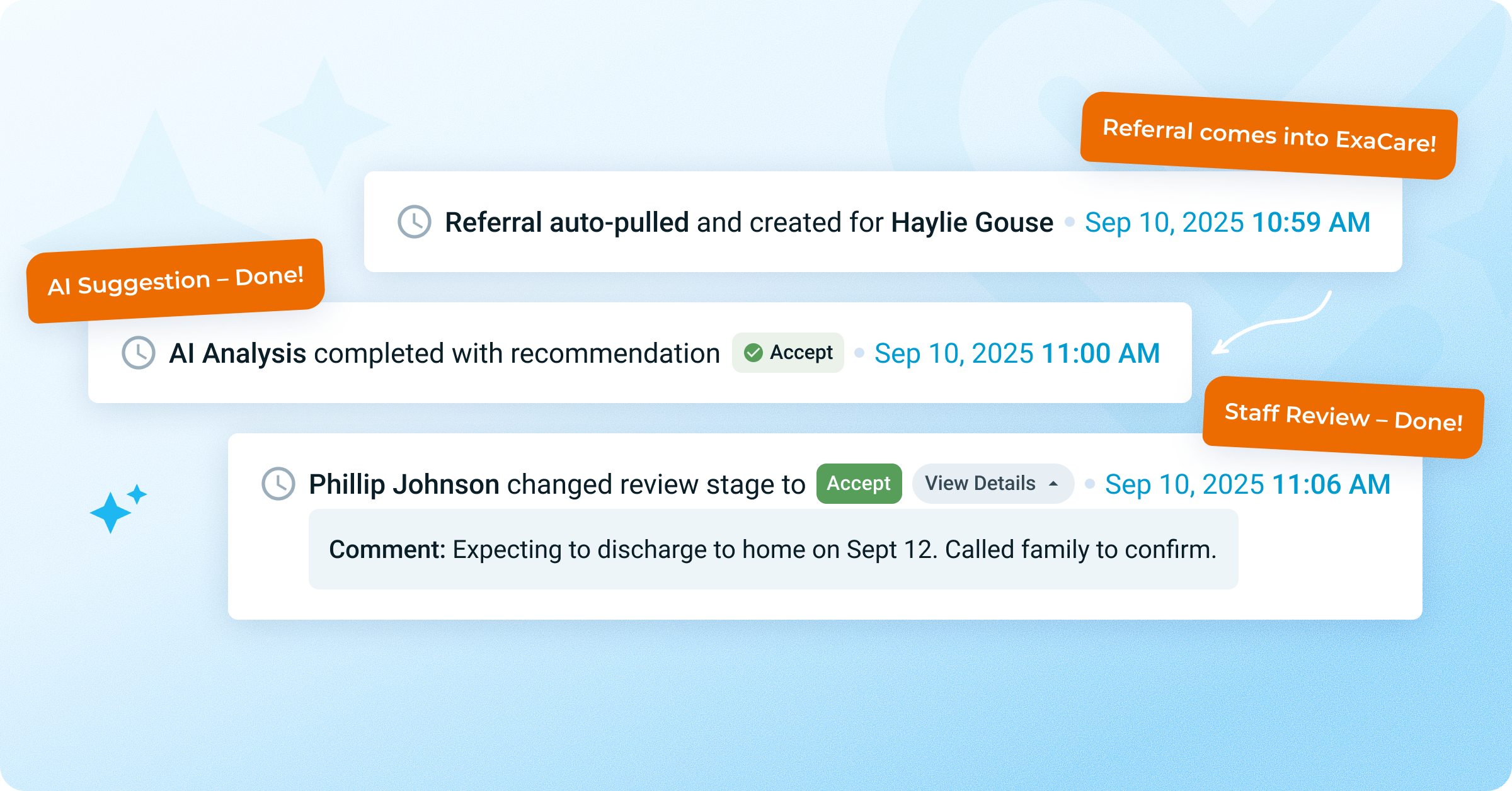 Action tracking updates showing referrals being auto-created, analysis being completed, and review stage changes.