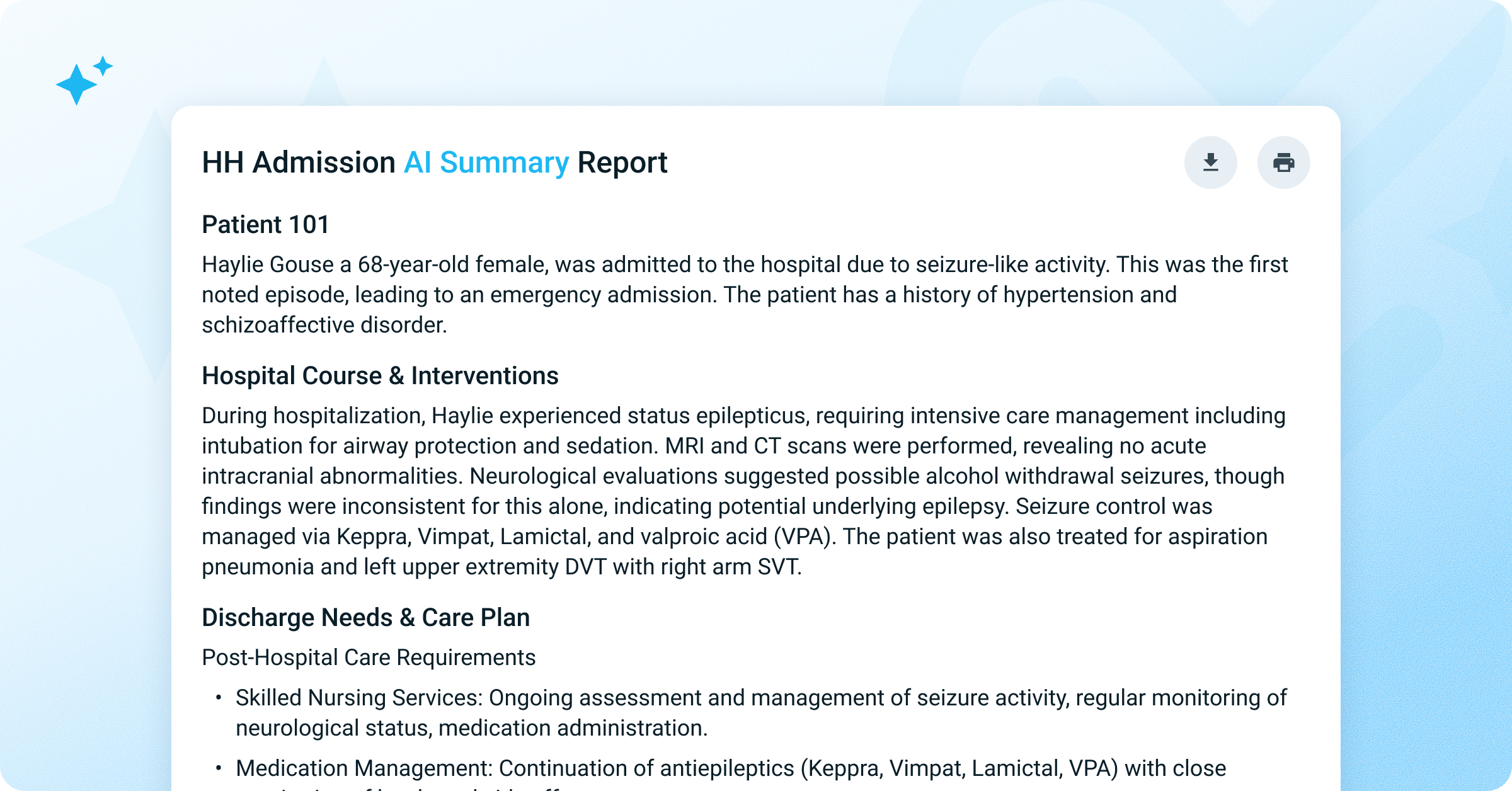 Home health admissions report summarizing patient details, history of medication, and discharge details.